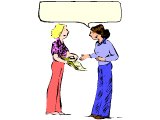 Two women talking, with a speech bubble